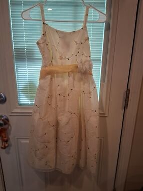 sku321 Dimples Flower Embroidered Girls' Dress with Yellow Sash Size 8